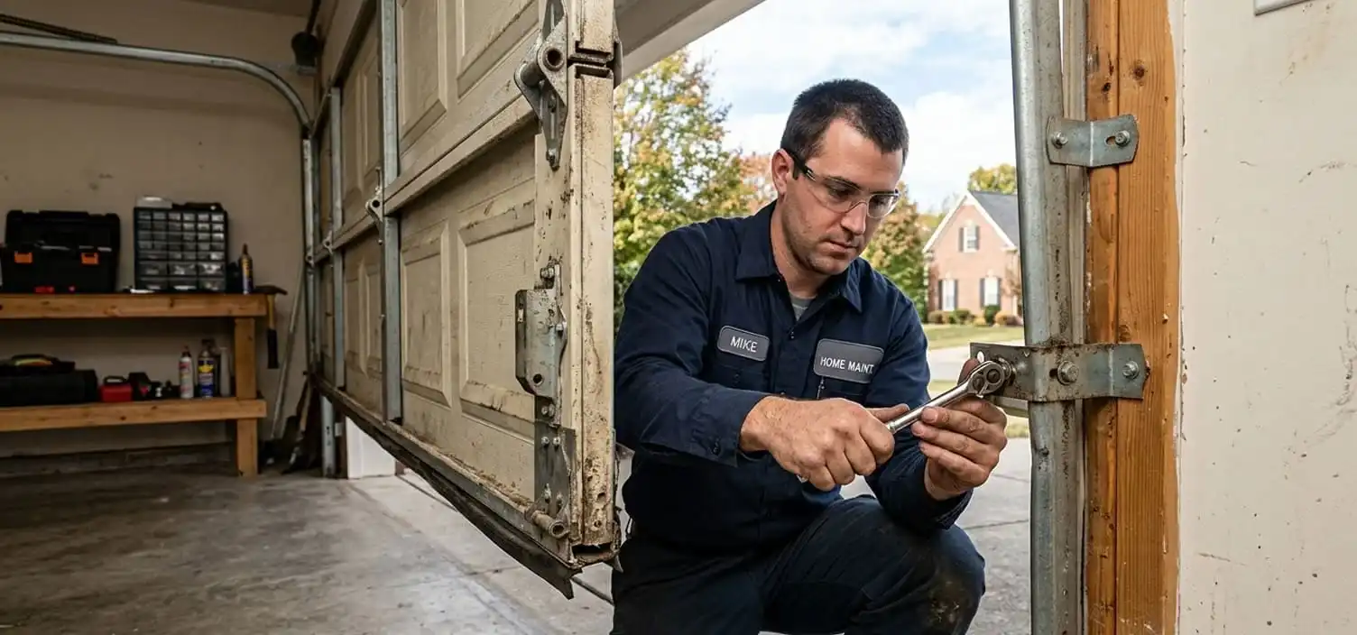 Tightening loose garage door bolts and brackets at a Franklin Tennessee home after thousands of cycles