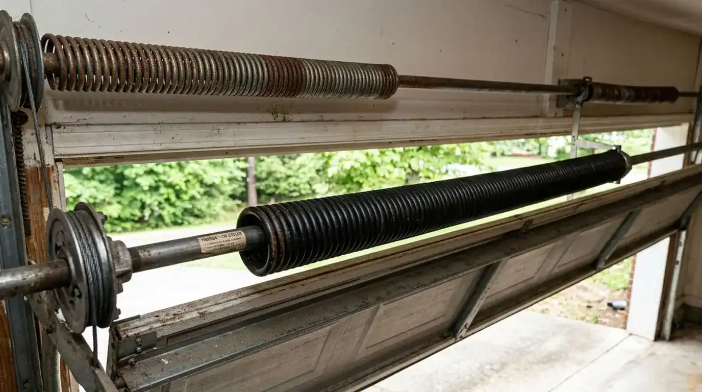 Comparison of torsion and extension garage door springs installed on a garage door, highlighting their durability and lifespan in Tennessee.