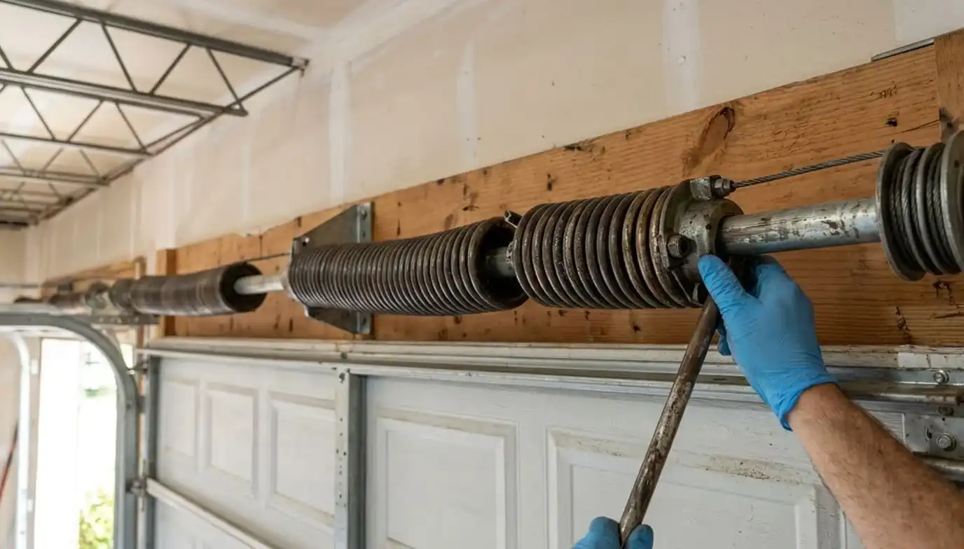 Torsion spring system close-up — garage door spring replacement in Smyrna TN