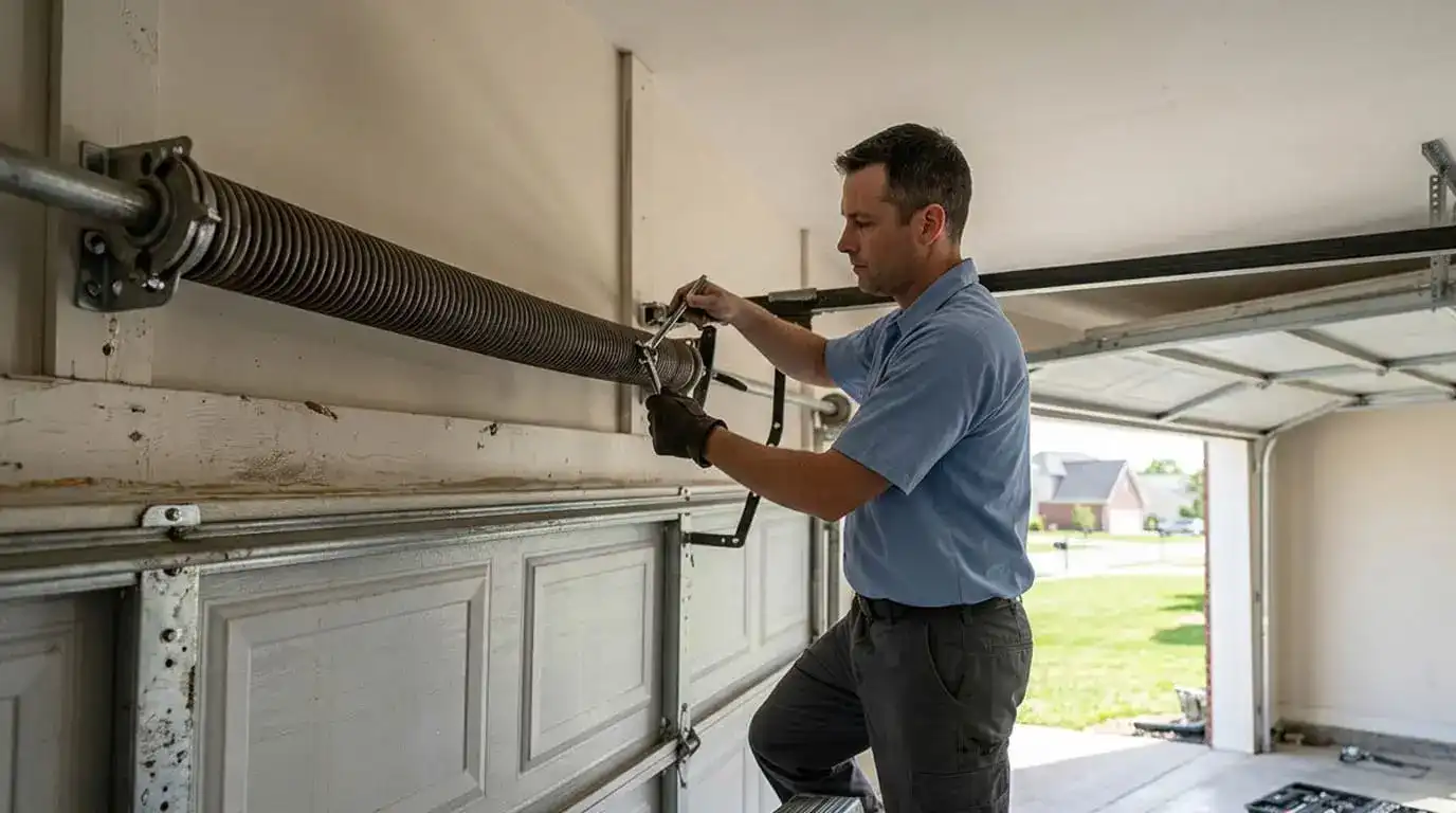 Technician repairing a garage door torsion spring mounted above the door, illustrating the difference in Torsion vs Extension Spring Smyrna TN systems.