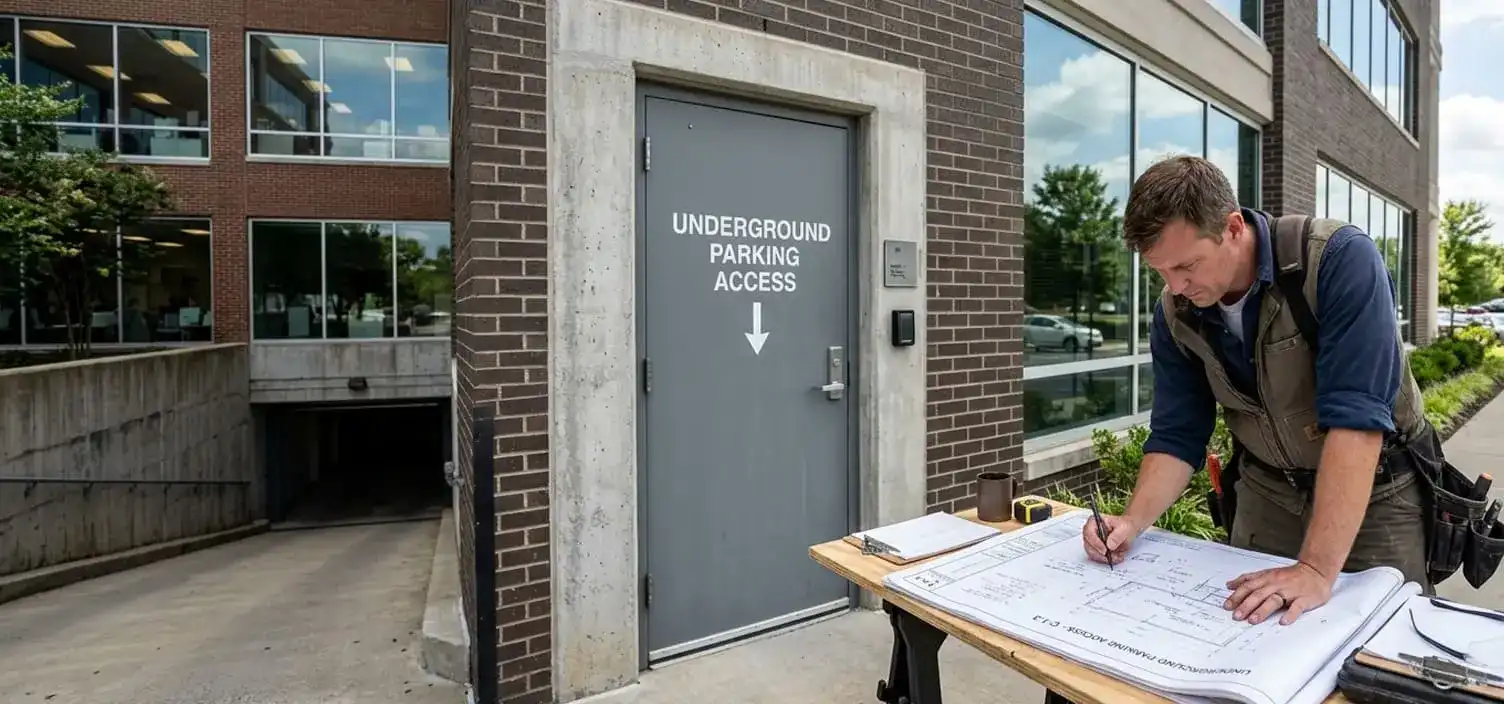 Underground parking access door at an office building in the Cool Springs business district of Franklin Tennessee