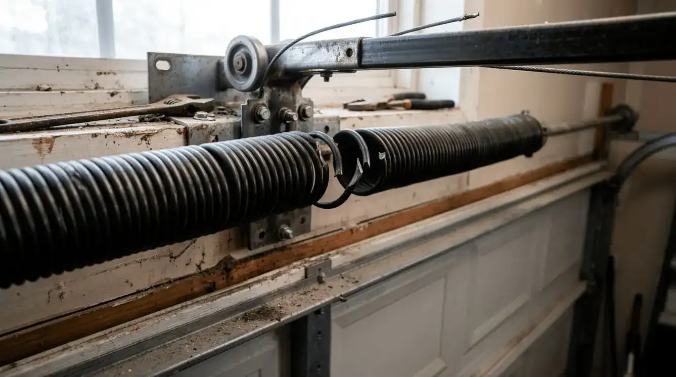 Broken garage door torsion spring showing a visible gap between coils, indicating the spring needs replacement.