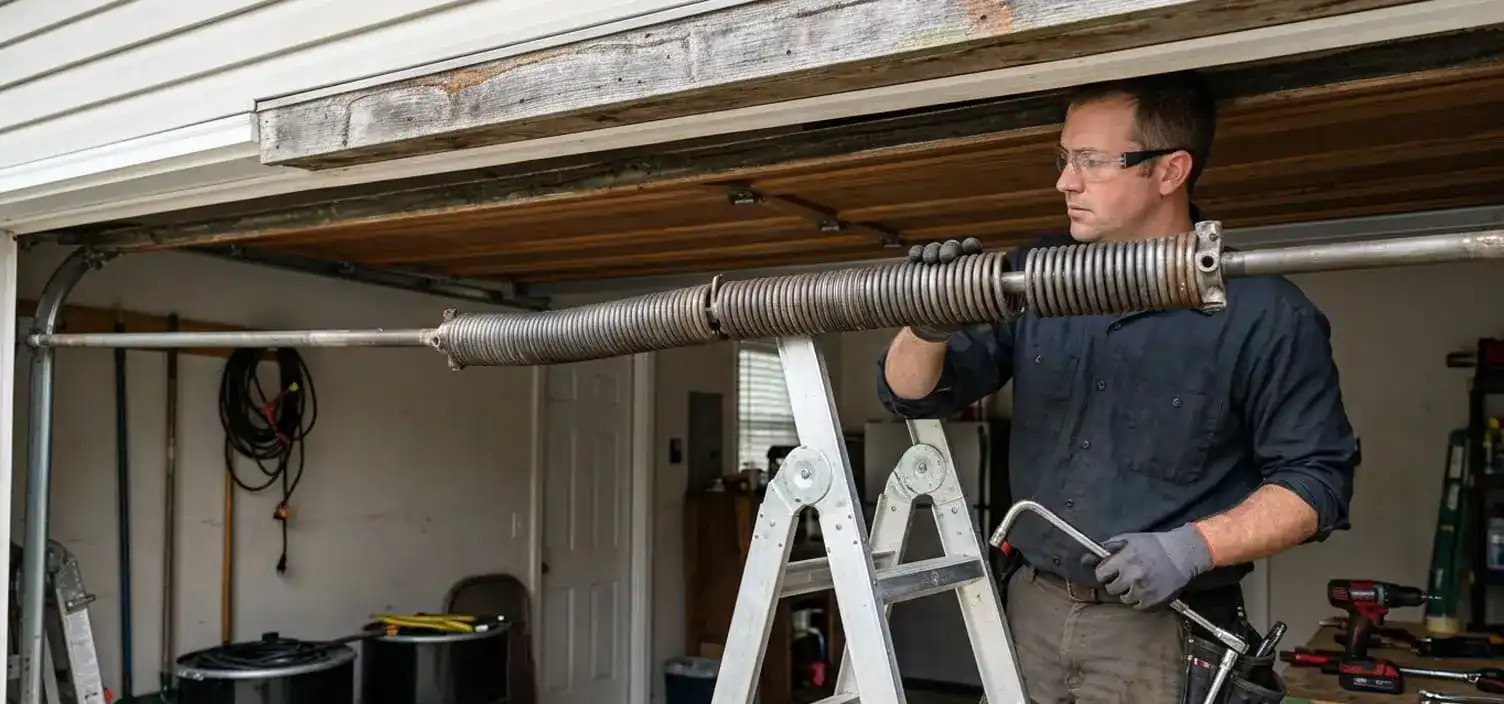 Visible gap between torsion spring coils on a garage door at a Franklin Tennessee home indicating a spring near failure