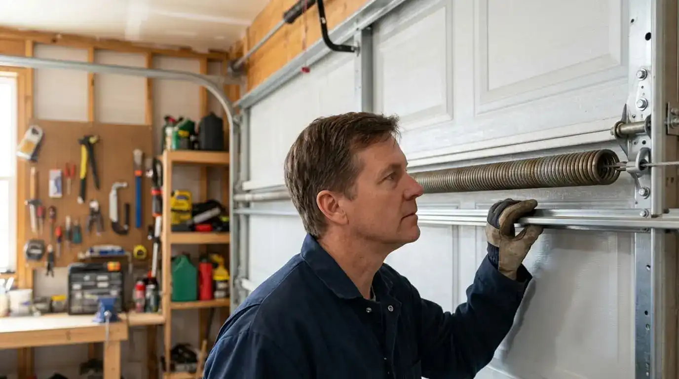 Technician performing a visual inspection of a garage door torsion spring to check for wear, damage, or signs of failure.