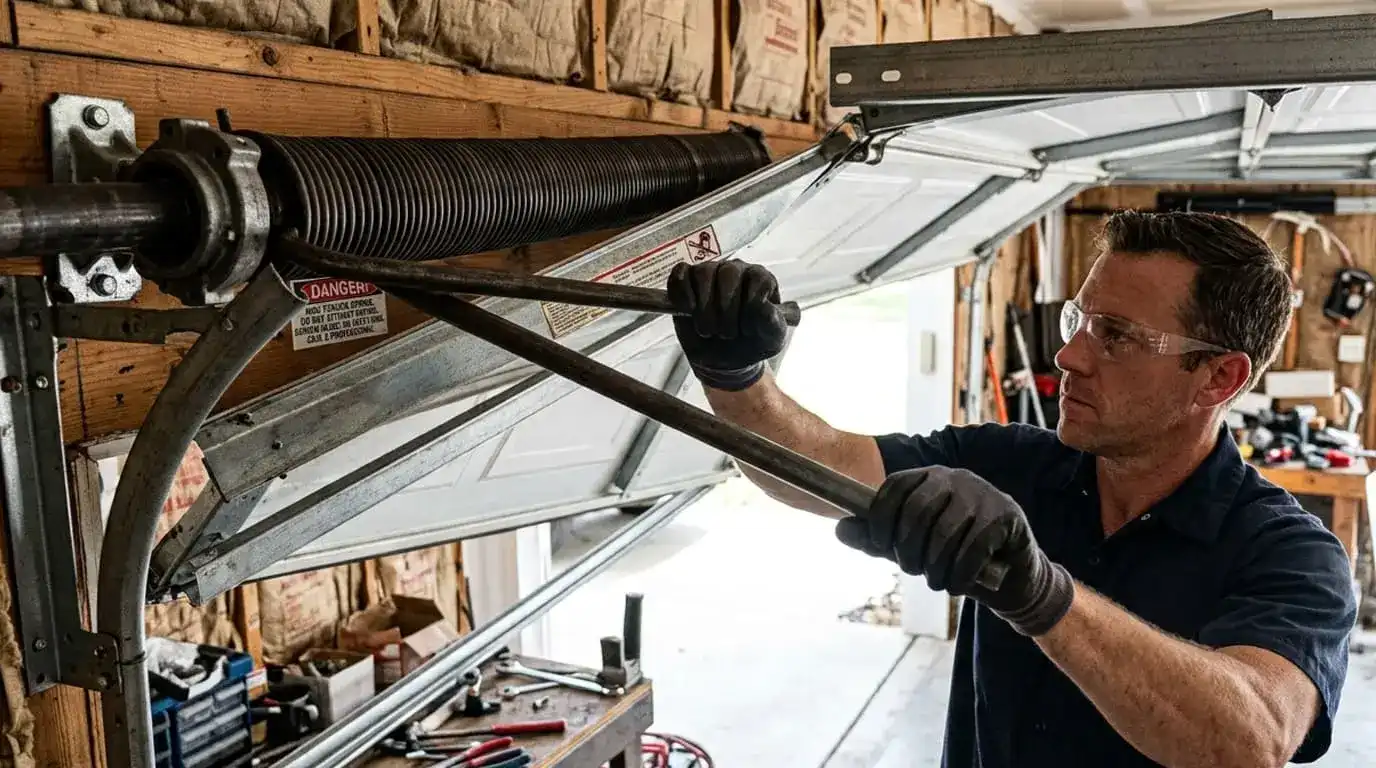 Technician adjusting a garage door torsion spring with winding bars while inspecting for warning signs of a failing garage door spring.
