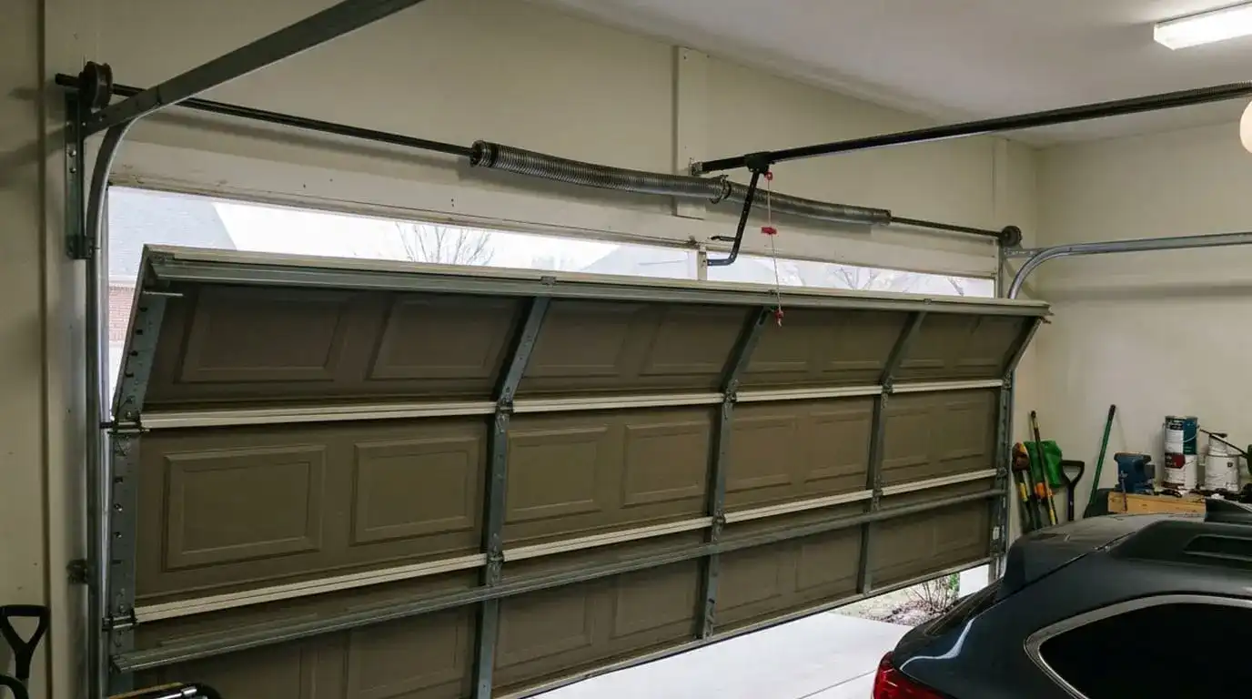 Garage door sagging and misaligned after a broken torsion spring was left unrepaired showing what happens when a spring fails and is ignored