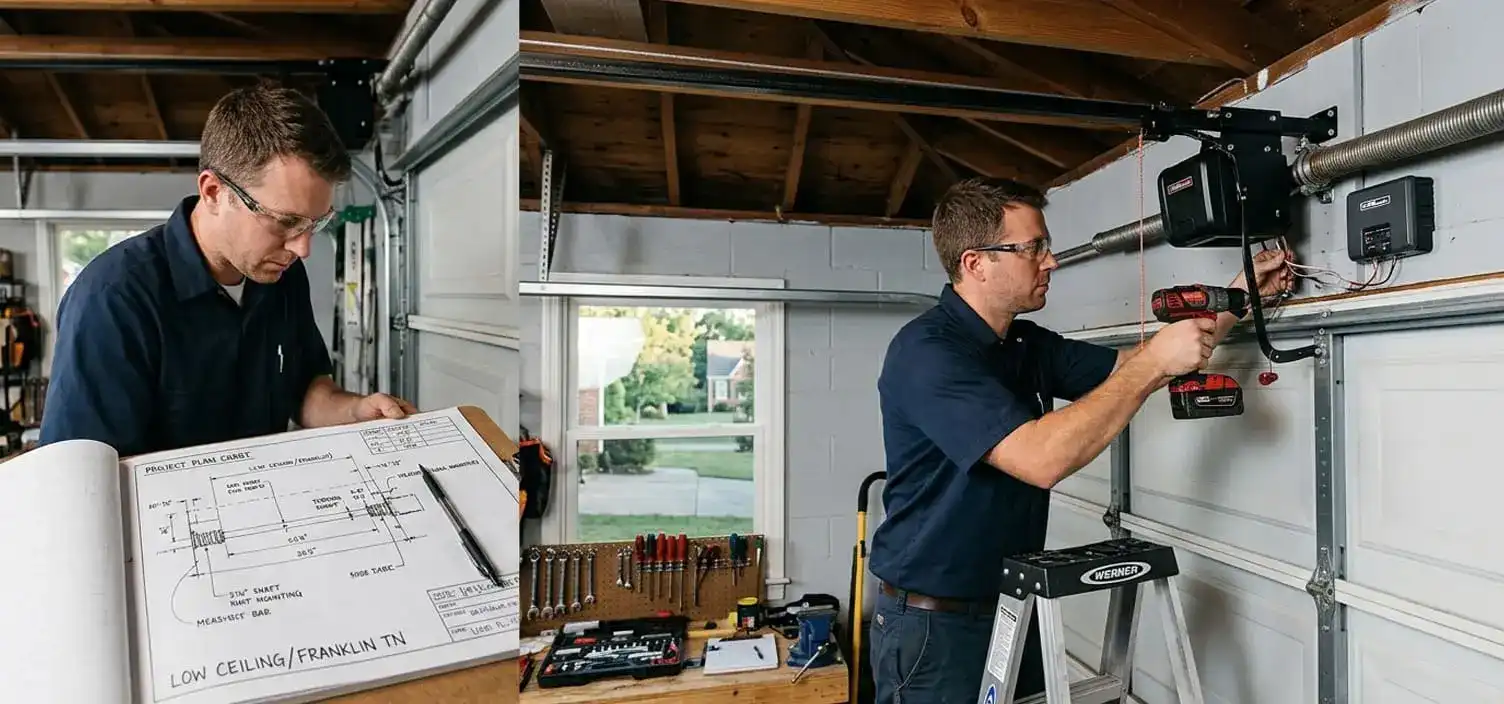 Jackshaft garage door opener wall mounted on the torsion bar at a Franklin Tennessee home with low ceiling clearance