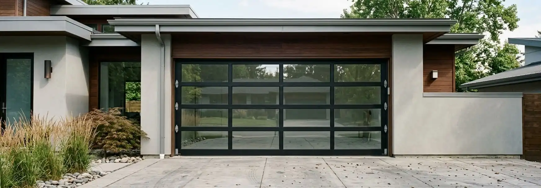 Full-view aluminum and glass garage door on a modern home