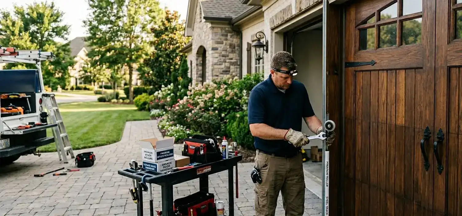 Premium carriage house garage door panel replacement and roller service for Brentwood Tennessee custom doors