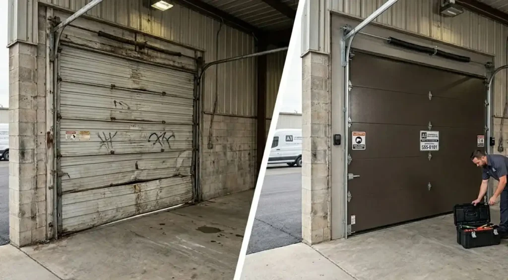 Commercial garage door transformation before and after service in Murfreesboro TN