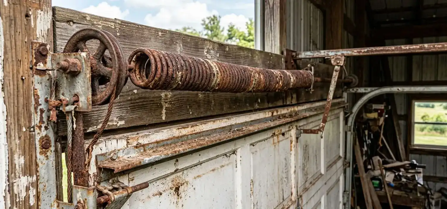 Older Lebanon Tennessee home near Castle Heights Avenue with extension spring system overdue for replacement after decades of Wilson County weather cycles
