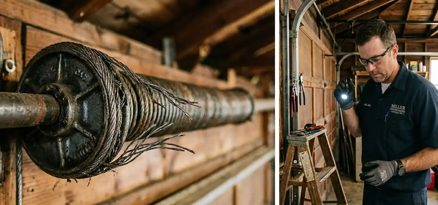 Close-up of a frayed garage door lift cable on a Franklin Tennessee home showing wire strands wearing through after years of daily use
