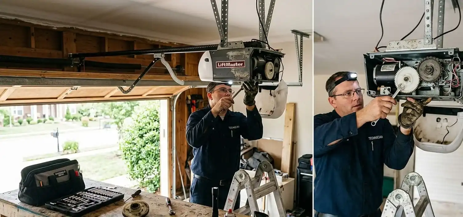 LiftMaster Chamberlain Genie garage door opener gear and sprocket repair in Nolensville Tennessee — motor hums but door does not move