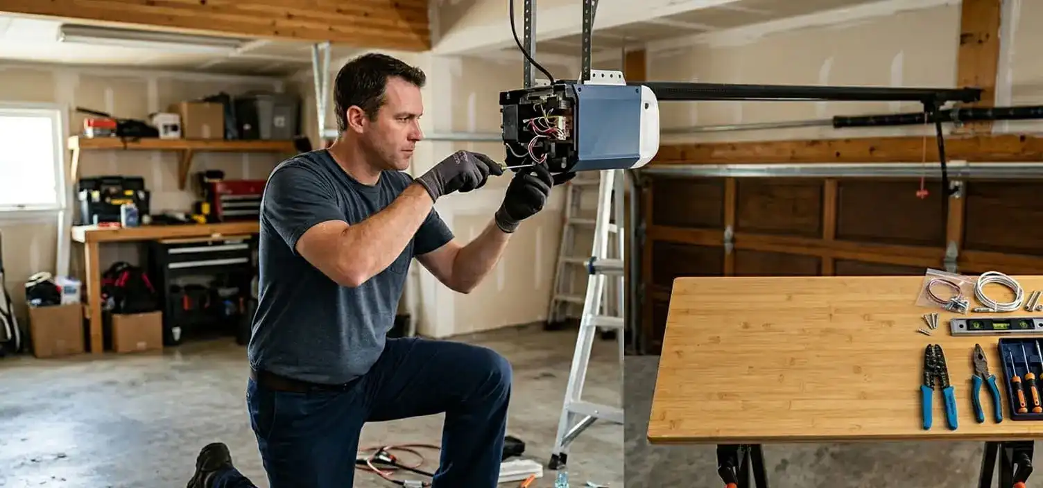 Garage door opener repair technician diagnosing a LiftMaster Chamberlain Genie or Craftsman unit at a Franklin Tennessee home in Williamson County