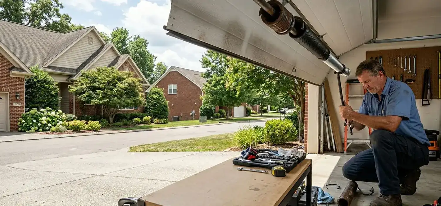 Franklin Tennessee Williamson County residential home with a garage door affected by a worn or broken spring after years of normal use