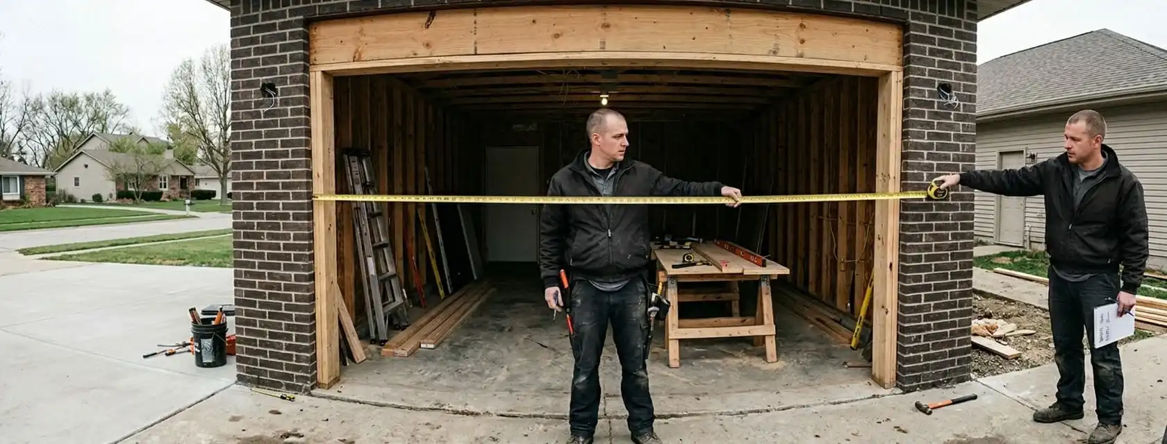 Technician measuring garage door opening dimensions on site
