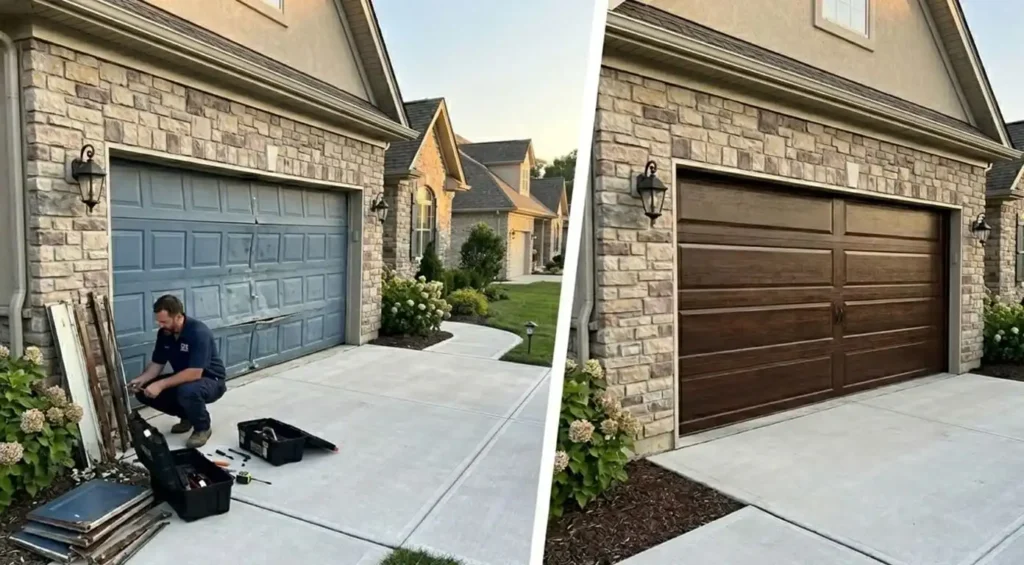 Wooden garage door replacement before and after service in Murfreesboro TN