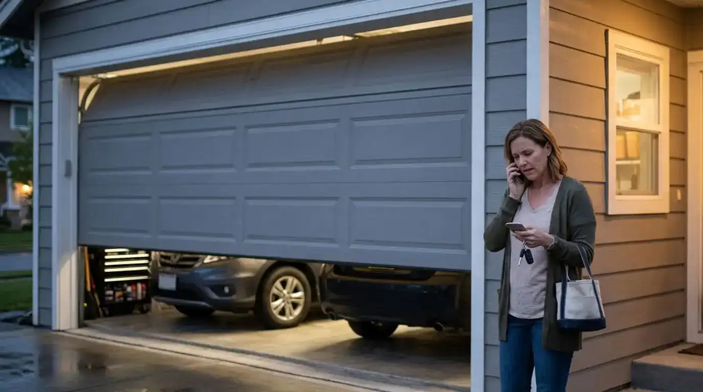 Garage door stuck halfway open while a homeowner calls for emergency repair service after the door stops operating properly.