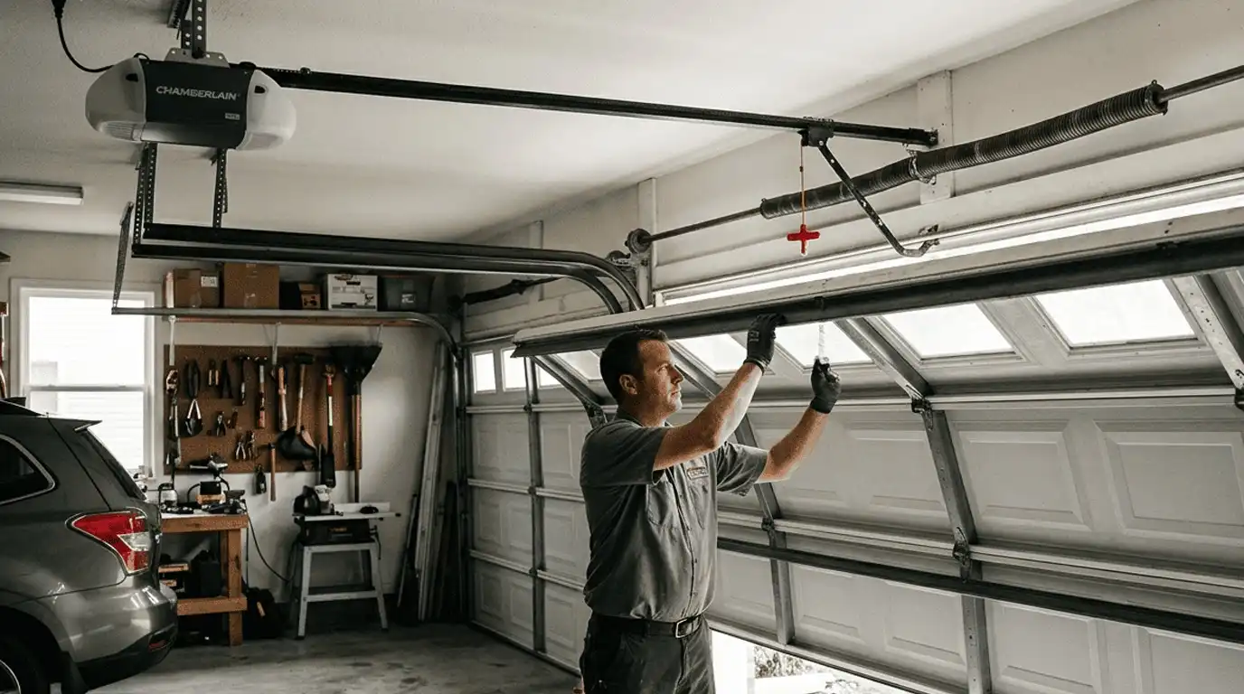 Door Balance Problems showing a technician testing a garage door's balance to identify uneven movement and ensure safe operation.