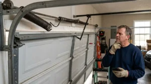 Homeowner inspecting a broken garage door torsion spring before calling for emergency garage door spring repair service.