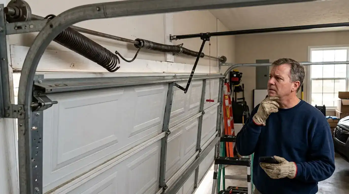 Homeowner inspecting a broken garage door torsion spring before calling for emergency garage door spring repair service.