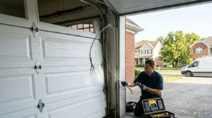 Frayed and snapped garage door cable being removed by a repair technician at a Murfreesboro TN home