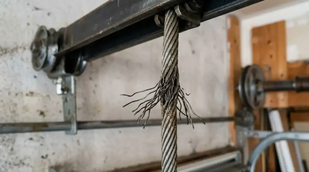 Garage Door Cables Warning Signs in Nashville TN showing a severely frayed garage door cable that needs immediate professional inspection and replacement.