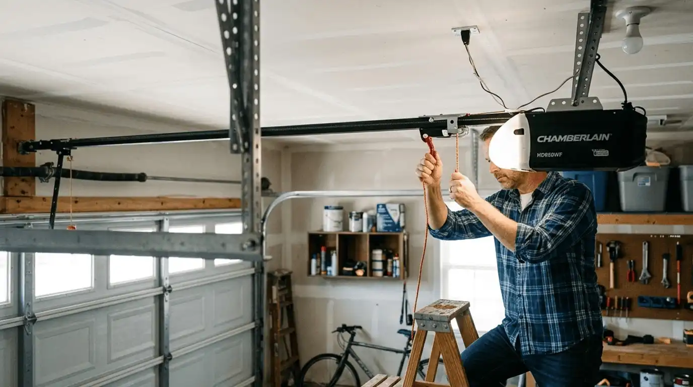 Garage Door Opener Reset Murfreesboro TN showing a homeowner resetting a garage door opener to restore safe and reliable operation.