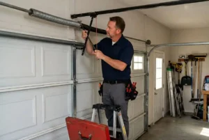 Professional technician performing garage door spring replacement in Murfreesboro TN using winding bars on a torsion spring