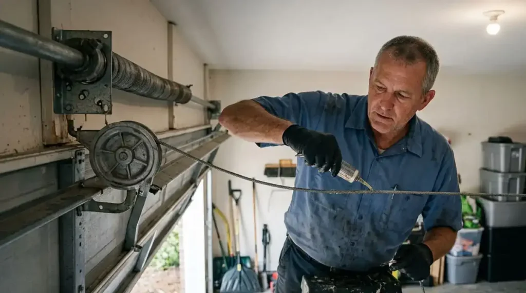 How Long Do Garage Door Cables Last in Nashville? Technician inspecting and lubricating garage door cables to extend their lifespan and ensure safe operation.