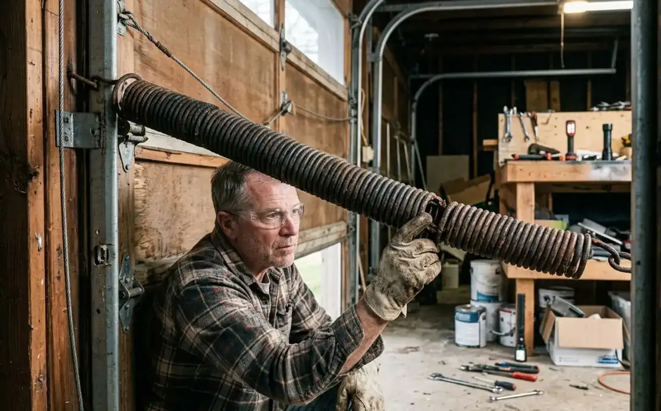 Homeowner inspecting a heavily rusted and worn garage door torsion spring to know if it is getting close to the end of its lifespan