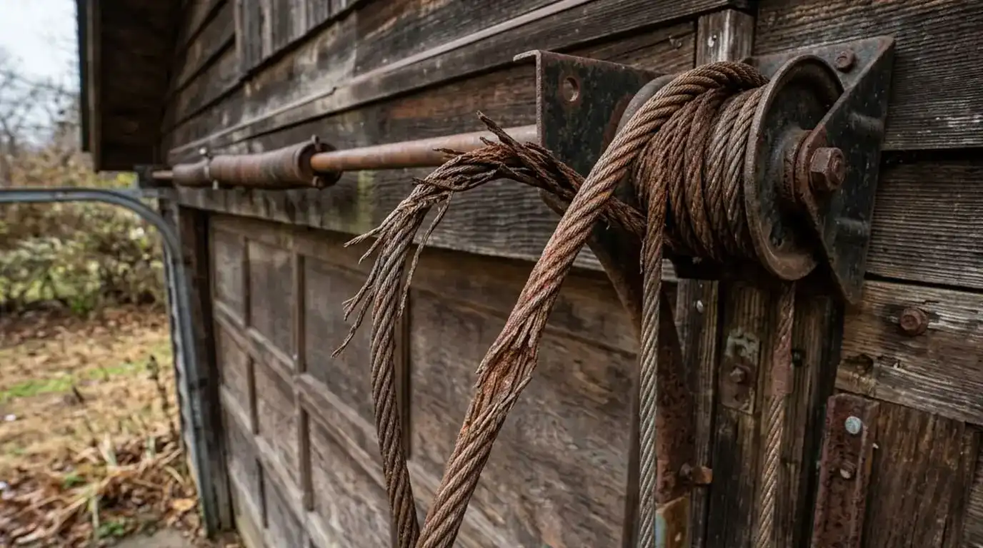 Heavily rusted and frayed garage door cable on an old wooden garage showing how Murfreesboro's climate affects cable life