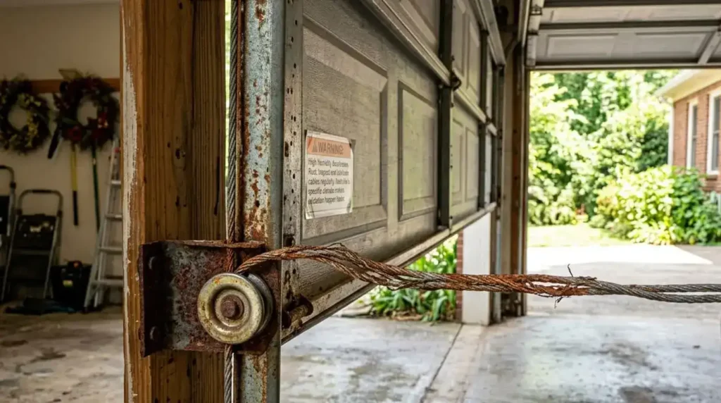 Nashville's Climate Accelerates Cable Wear by causing rust and corrosion on garage door cables, increasing the risk of fraying and failure.