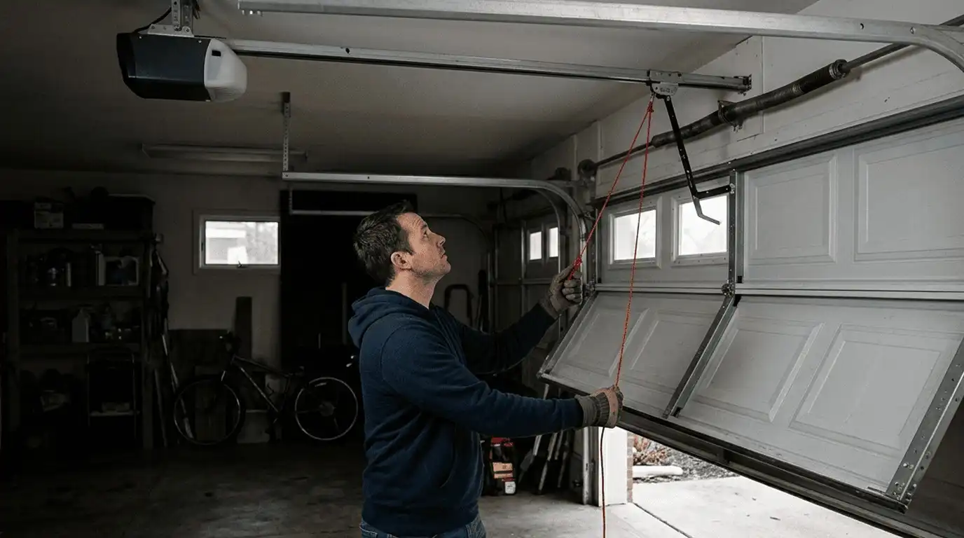 Open Your Garage Door Manually During an Outage by pulling the emergency release cord to safely operate the garage door without power.