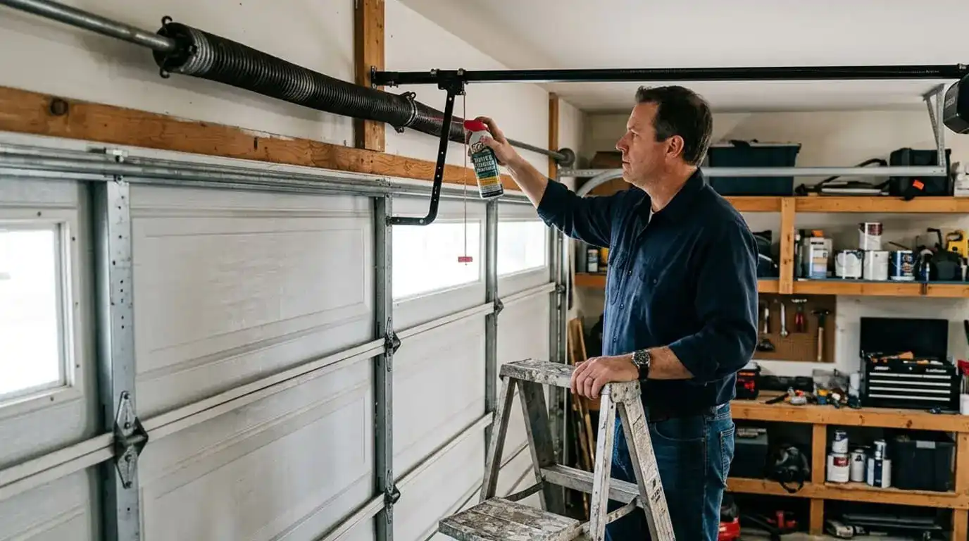 Homeowner applying garage door lubricant to a torsion spring as part of routine maintenance to prevent emergency garage door repairs.