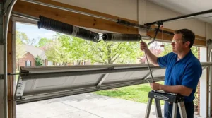 Technician using a winding bar to replace both garage door springs on a residential door in Brentwood TN