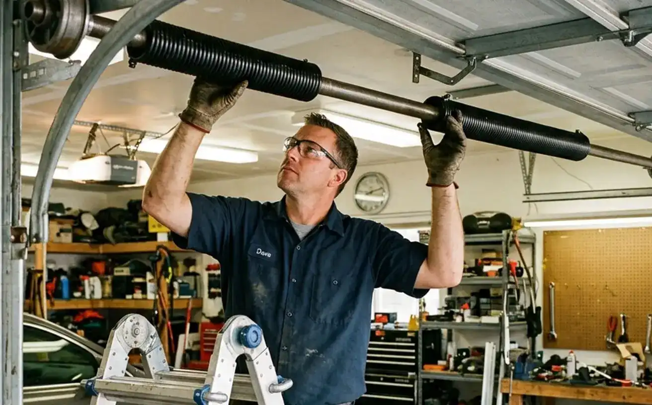 Garage door technician replacing both torsion springs at the same time on a residential garage door overhead track