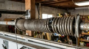 Close-up of a worn garage door torsion spring showing visible cracks, indicating the spring is about to break and needs replacement.