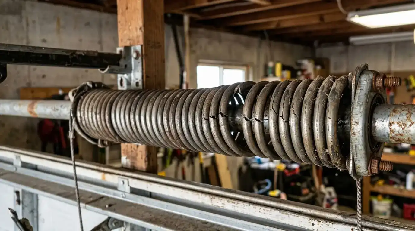 Close-up of a worn garage door torsion spring showing visible cracks, indicating the spring is about to break and needs replacement.