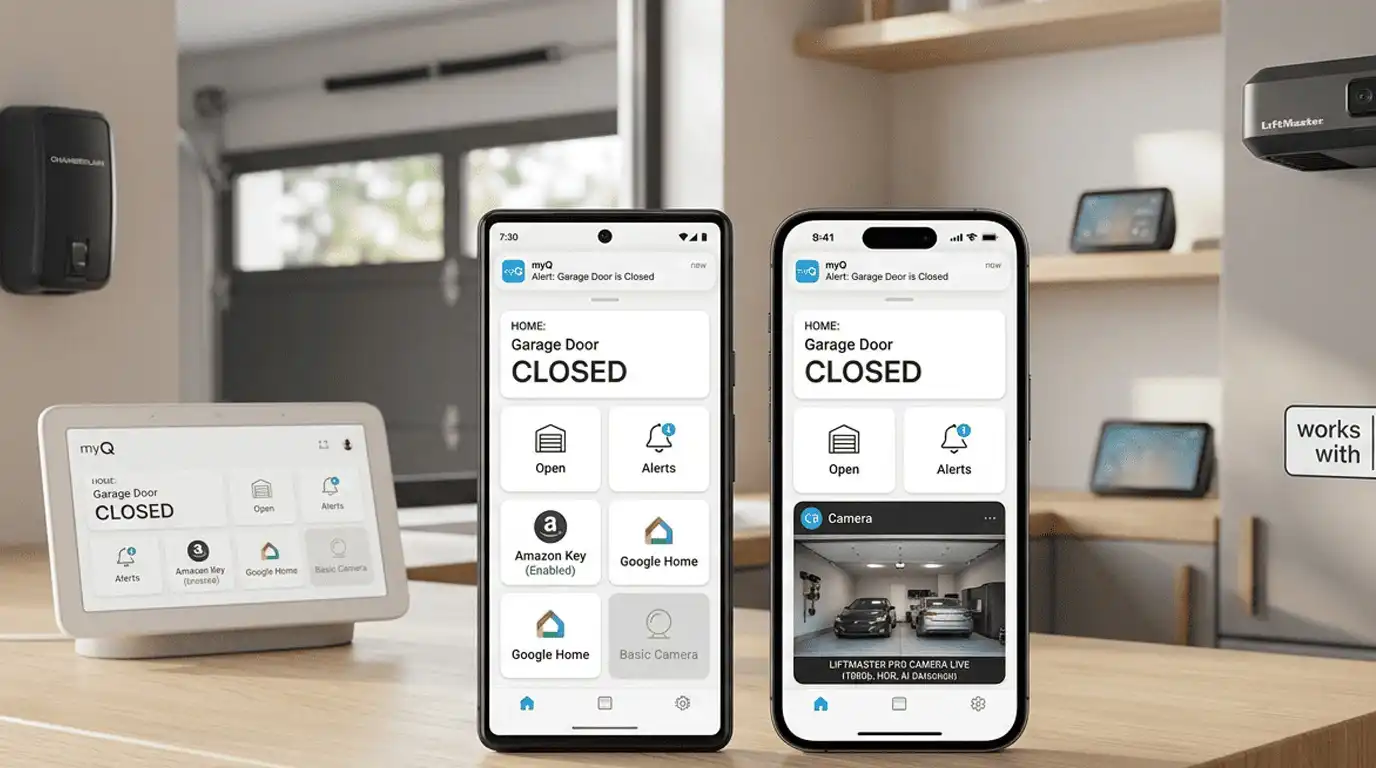 Smart Features myQ and Wi-Fi Connectivity allowing homeowners to monitor, control, and receive real-time garage door alerts from a smartphone app.