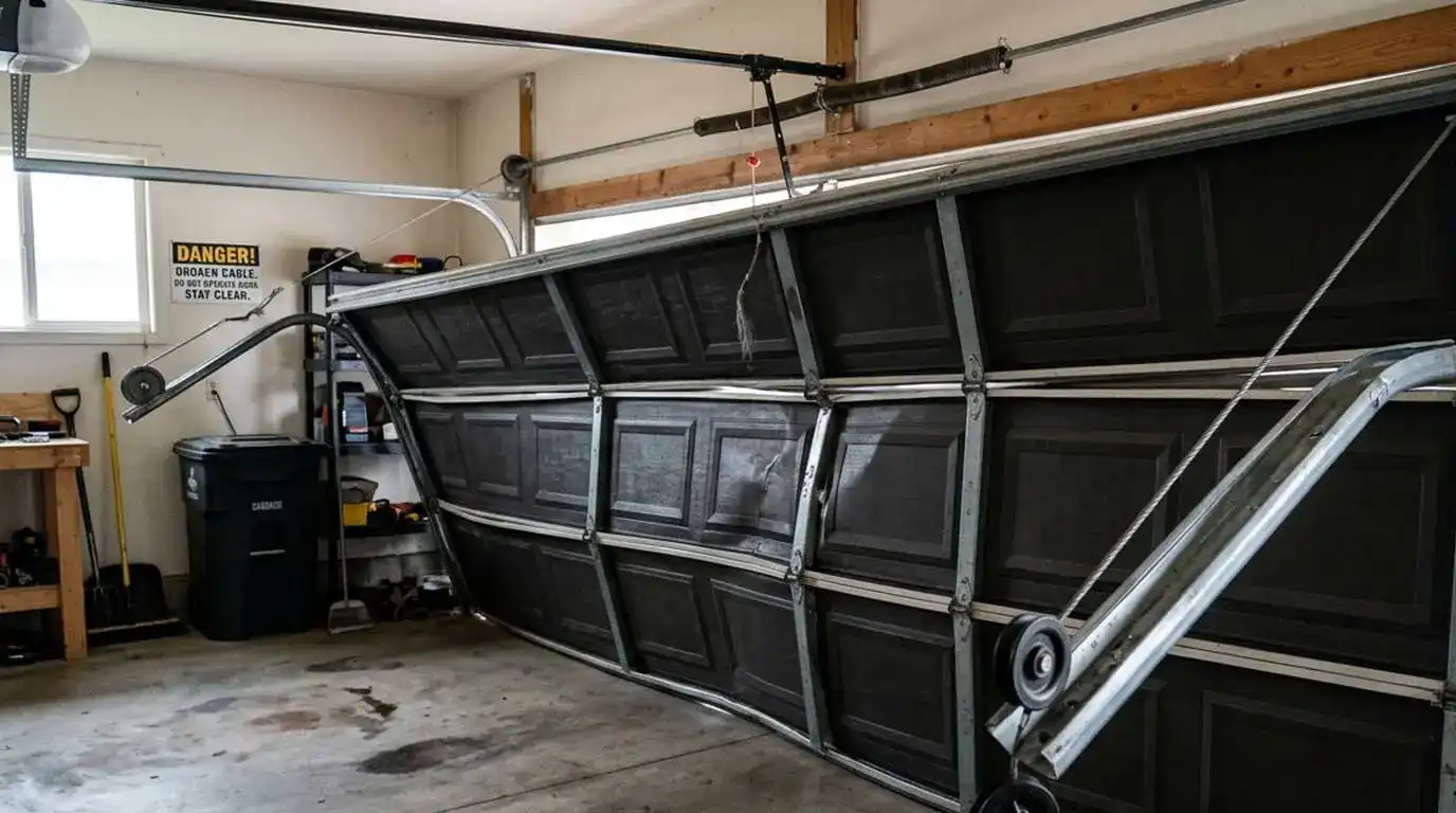Collapsed garage door off its tracks with a danger broken cable warning sign showing why you must stop operating the door immediately