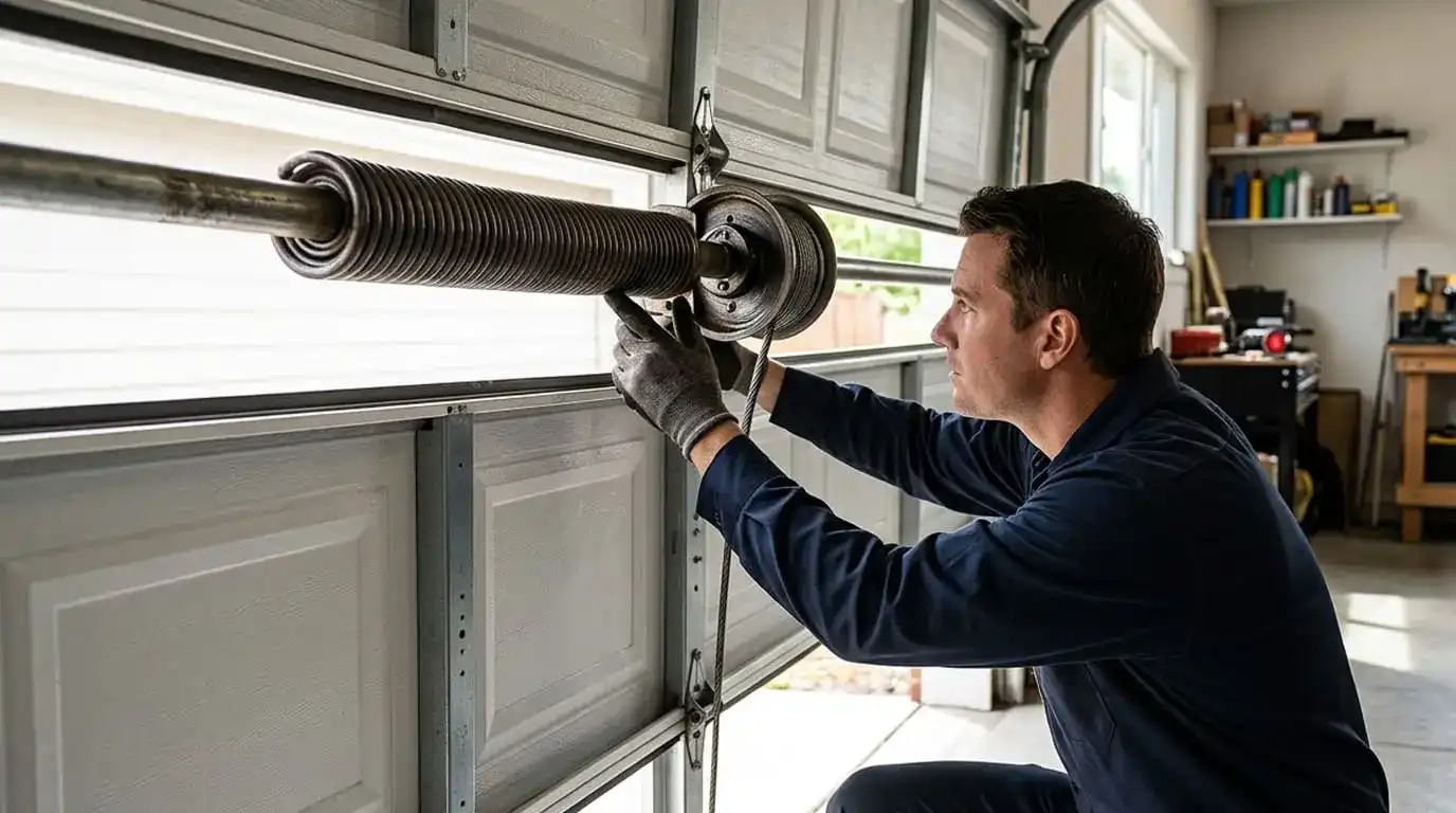 Garage door technician inspecting a torsion spring after the garage door slams shut, indicating a failing or broken spring.