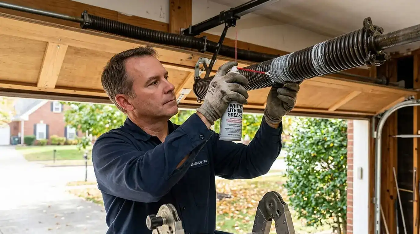 Technician applying white lithium grease to a garage door torsion spring to reduce friction and extend the spring's lifespan.