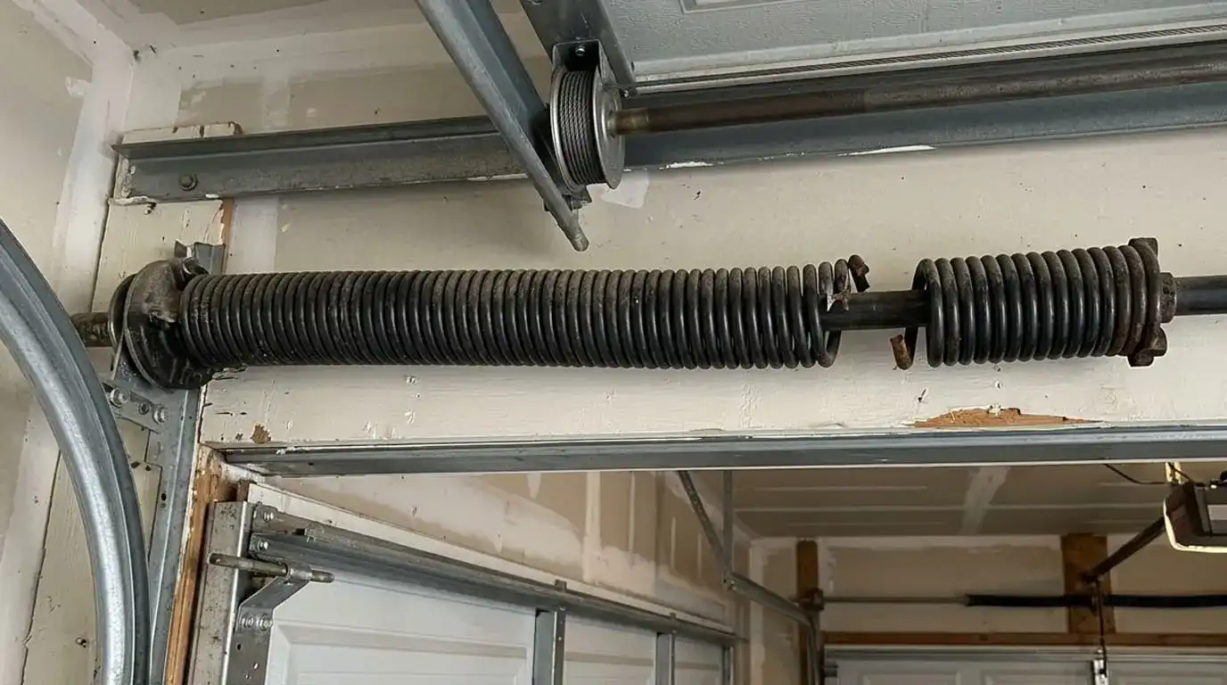 Broken garage door torsion spring with a visible gap in the coil, indicating the spring has failed and requires immediate replacement.
