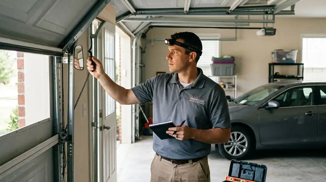 Garage door technician inspecting a garage door system during an on-site service visit to diagnose and repair operational issues.
