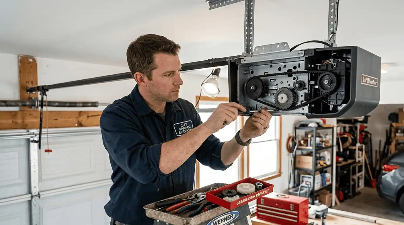 What a Repair Typically Involves showing a garage door technician inspecting and replacing worn gears inside a garage door opener for reliable operation.