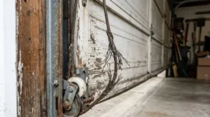 Worn Garage Door Cables Nashville TN showing frayed and damaged lift cables that require immediate professional replacement for safe garage door operation.