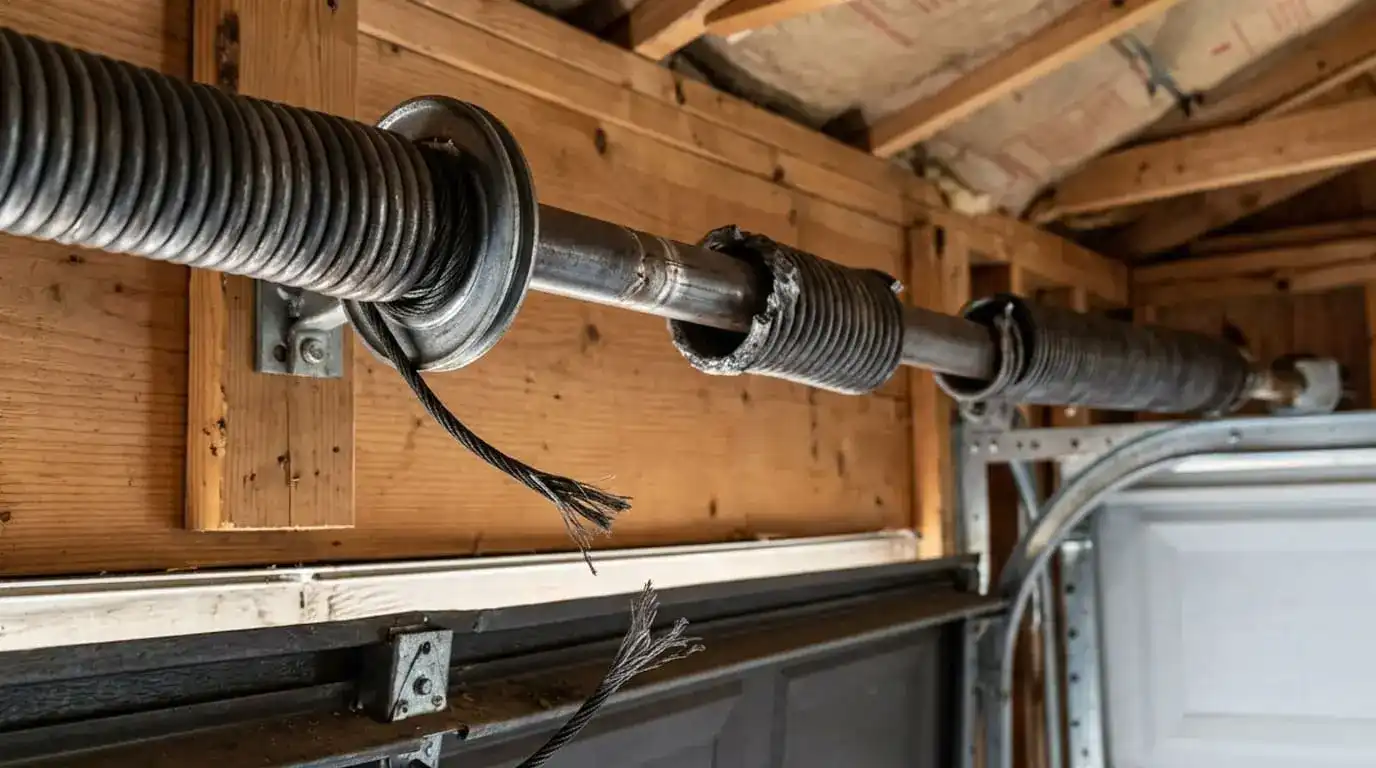 Broken and frayed garage door cable hanging from torsion spring drum requiring replacement in Murfreesboro TN