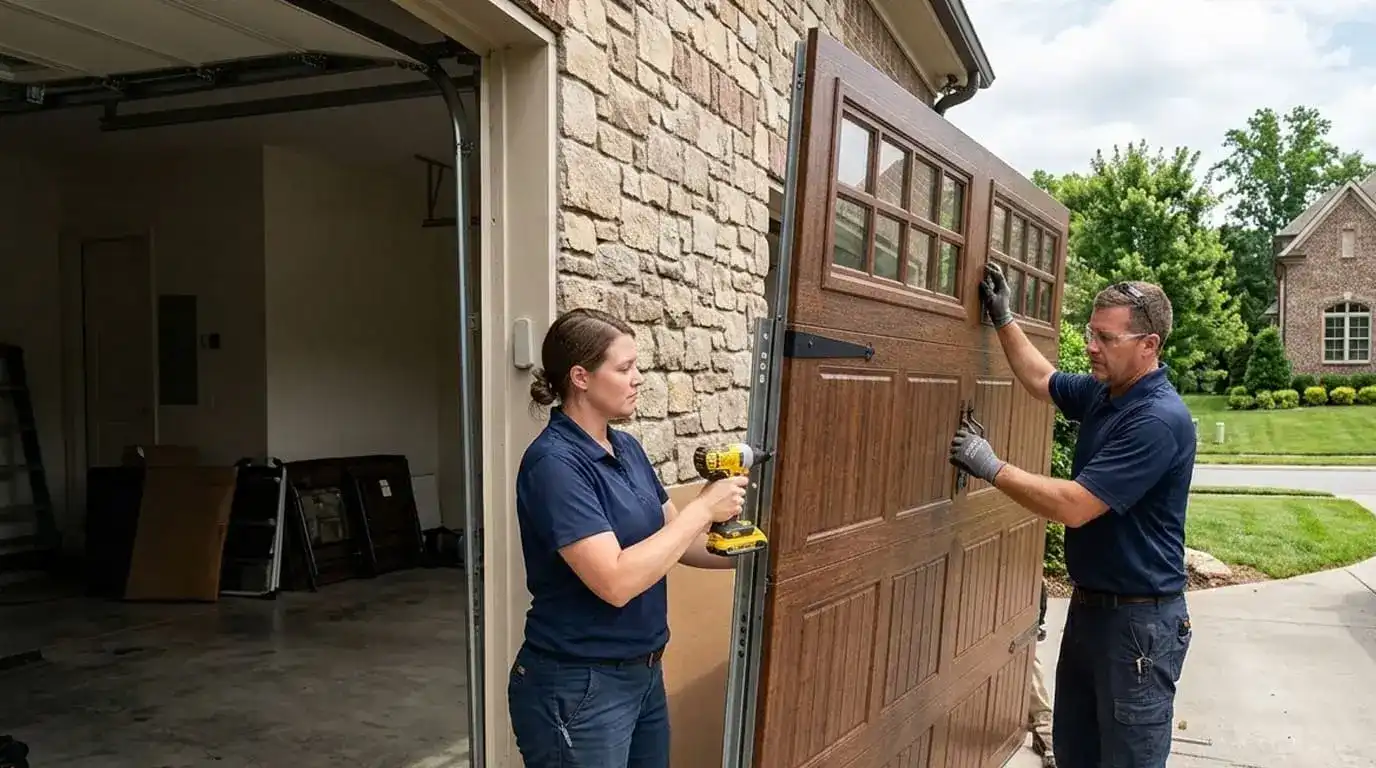 Two garage door technicians installing a new carriage style door on a Brentwood Tennessee home with stone exterior