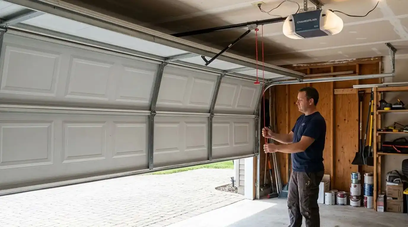 Technician inspecting a sagging garage door with worn springs needing replacement at a Brentwood TN home with Chamberlain opener